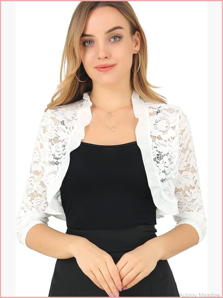 Elegant Lace Cardigan Ruffle Collar Crop 3/4 Sleeve Sheer Bolero Shrug Top